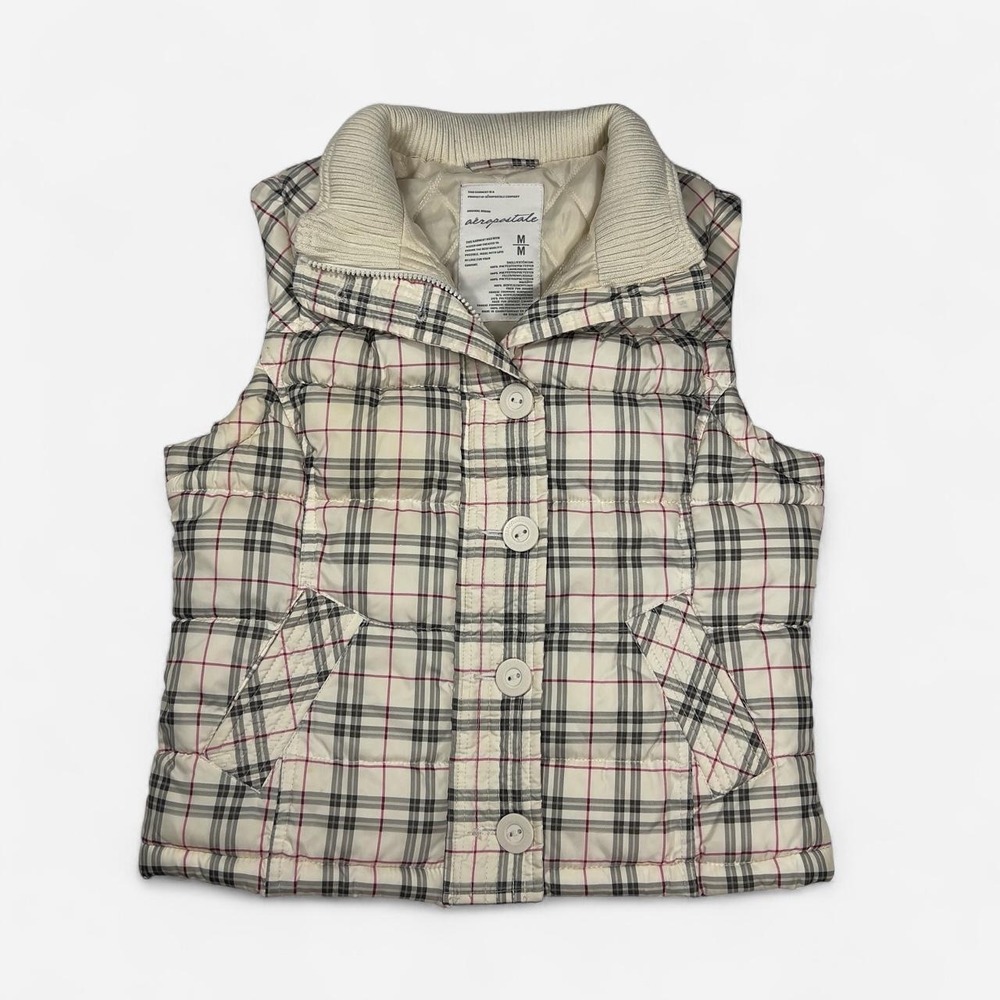 Y2K Aeropostale Plaid Puffer Vest 2000s Knit Collar Buttons